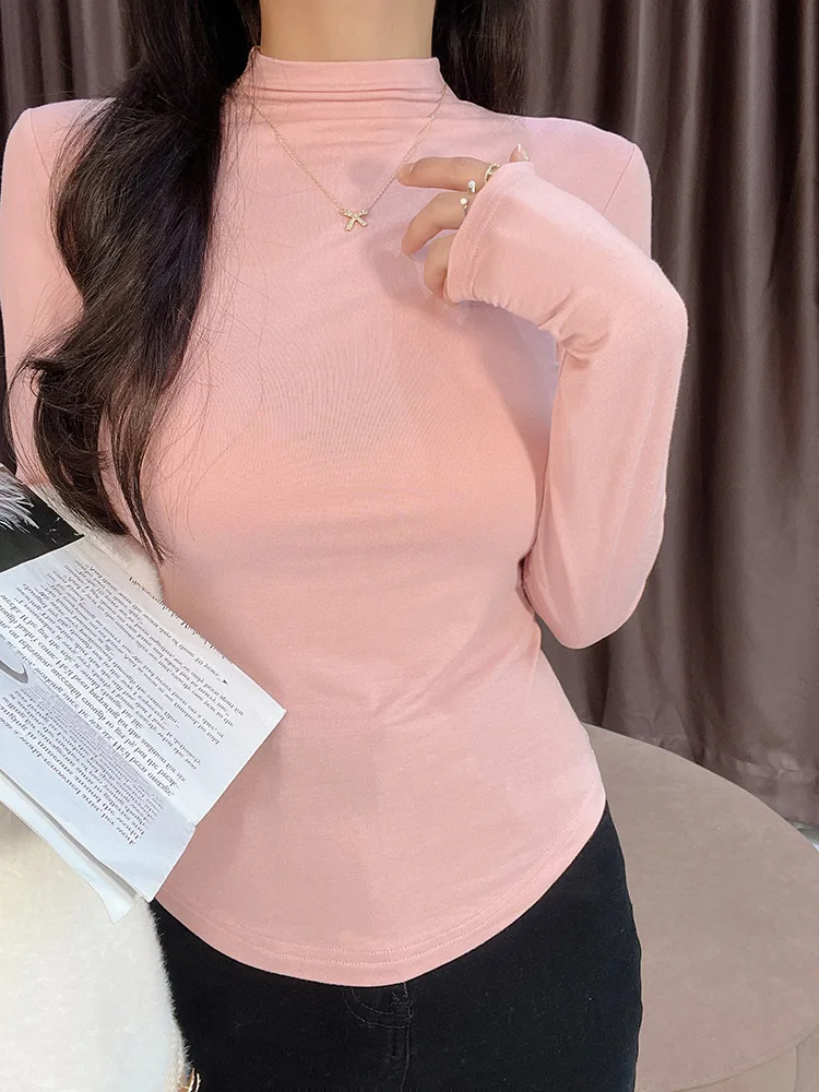 

Spring Autumn Casual Simple ort Svel T-irt Women's Elegance U-ape Hem Inner Wear Pure Color Long Sve T-irt