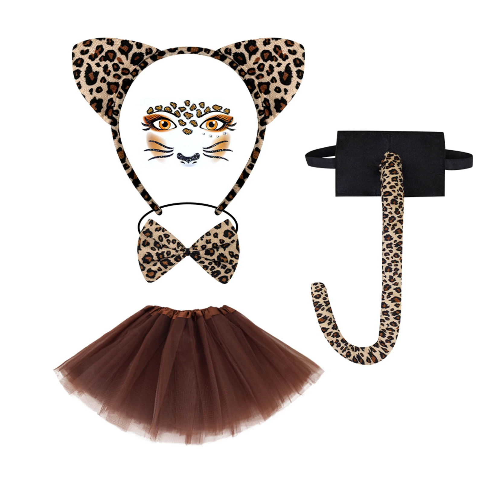 Halloween Kids Leopard Print Cat Ear Headband Tail Accessory Set Plush Animal Girl Stage Performance Cosplay Birthday Dress-Up 2