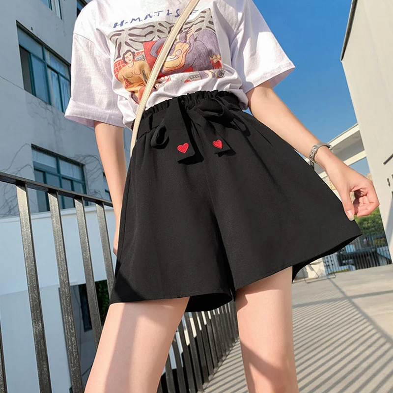 Summer New Embroidery Thin Elastic Waist Loose Shorts Solid Color Wide Leg Pants Simplicity Casual Fashion Women Clothing