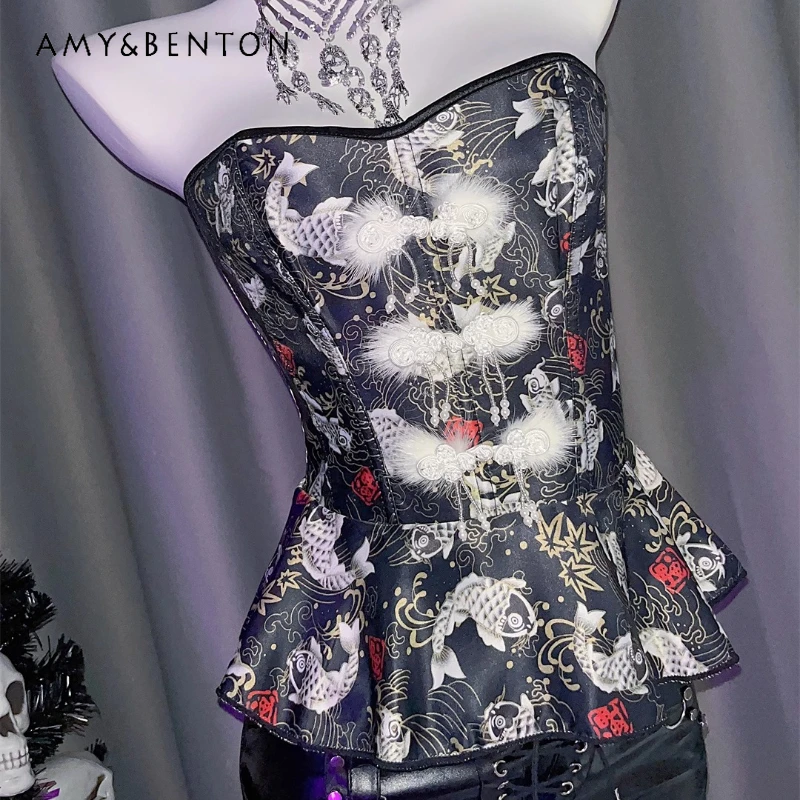 

2025 New Chinese Style National Trend Fluffy Button Women's Clothing Sweet Cool Design Fashion Y2K Hot Girl Sexy Tube Top Ladies