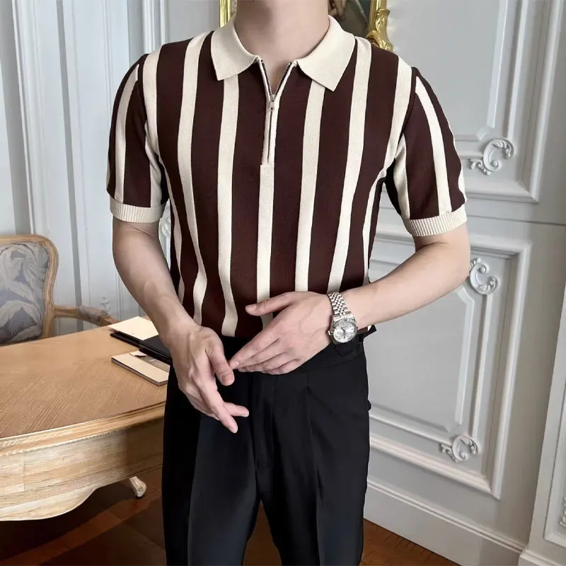 

American Retro Striped T-shirts Summer Short Sleeve Men's Clothing Polo-Neck Fashion Zipper Casual Contrasting Colors Pullovers