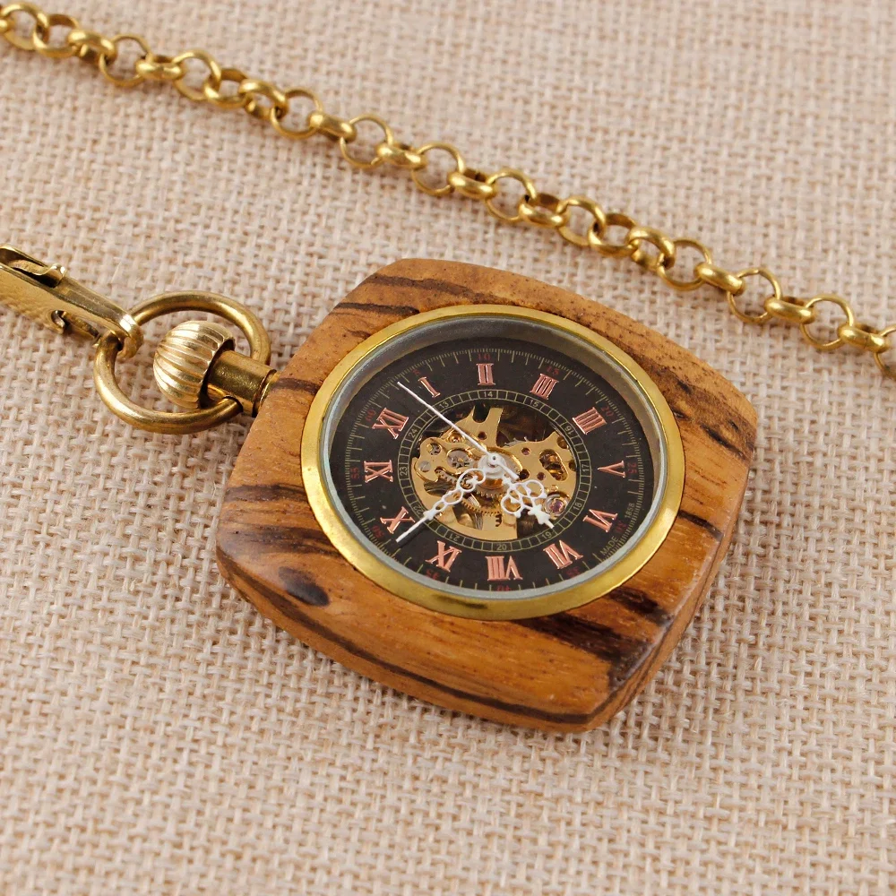 Creative Square Wood Pocket Watches Mechanical For Men Women Vintage Hand Wind Fob Watch 80cm Chain Art Collection