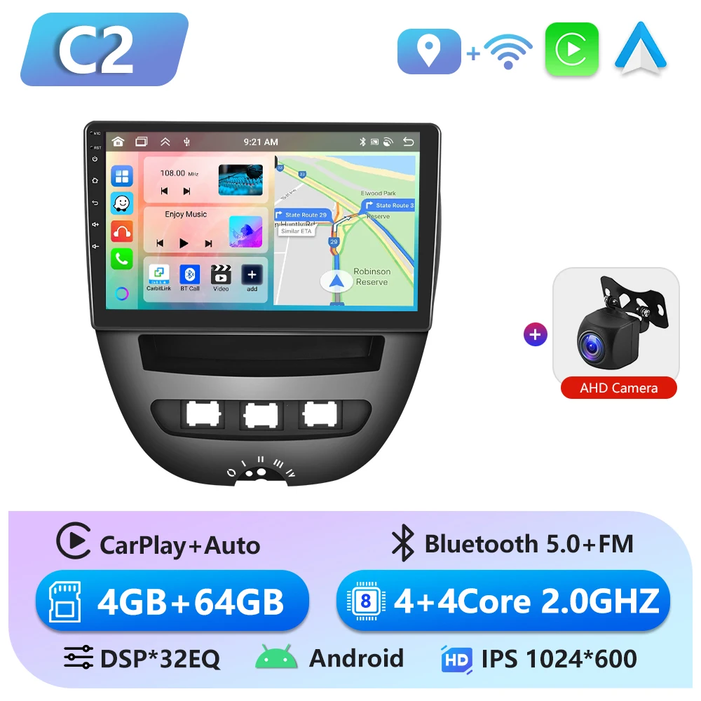 Podofo 6 + 128G Autoradio Voor Peugeot 107 Toyota Aygo Citroen C1 2004 - 2014 Draadloze CarPlay Android Auto GPS Multimedia Speler