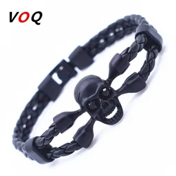 Vintage Black Skeleton Skull Charm Bracelets Bangles Hand Woven Rope Leather Bracelet Men Friendship Jewelry Wholesale