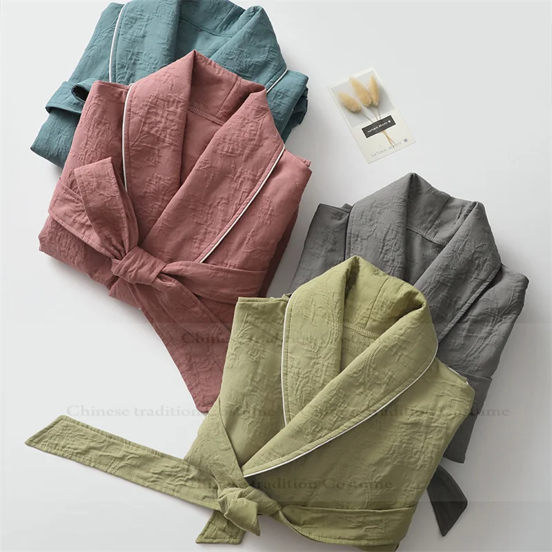 

Men Crepe Cotton Kimono Gown Soft Shower Bathrobe Lapel Home Dress Women Casual Nightwear Long Sleeve Pijama Intimate Lingerie