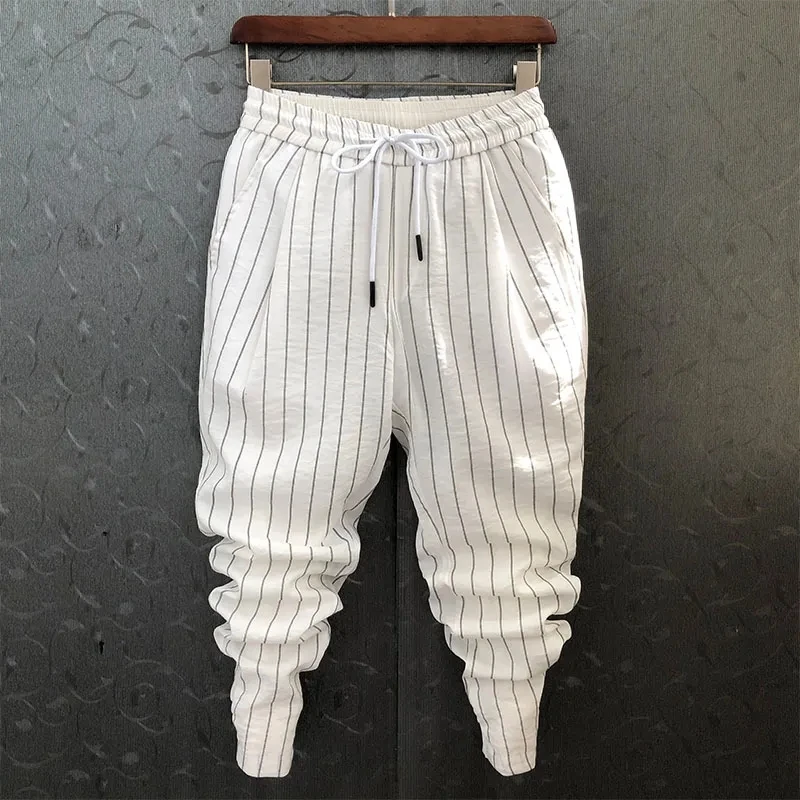 

Korean Fashion Pantalones Hombre Spring Summer New Pants Mens Tide Striped Harun Personality Cotton Hemp Casual Pants Streetwear