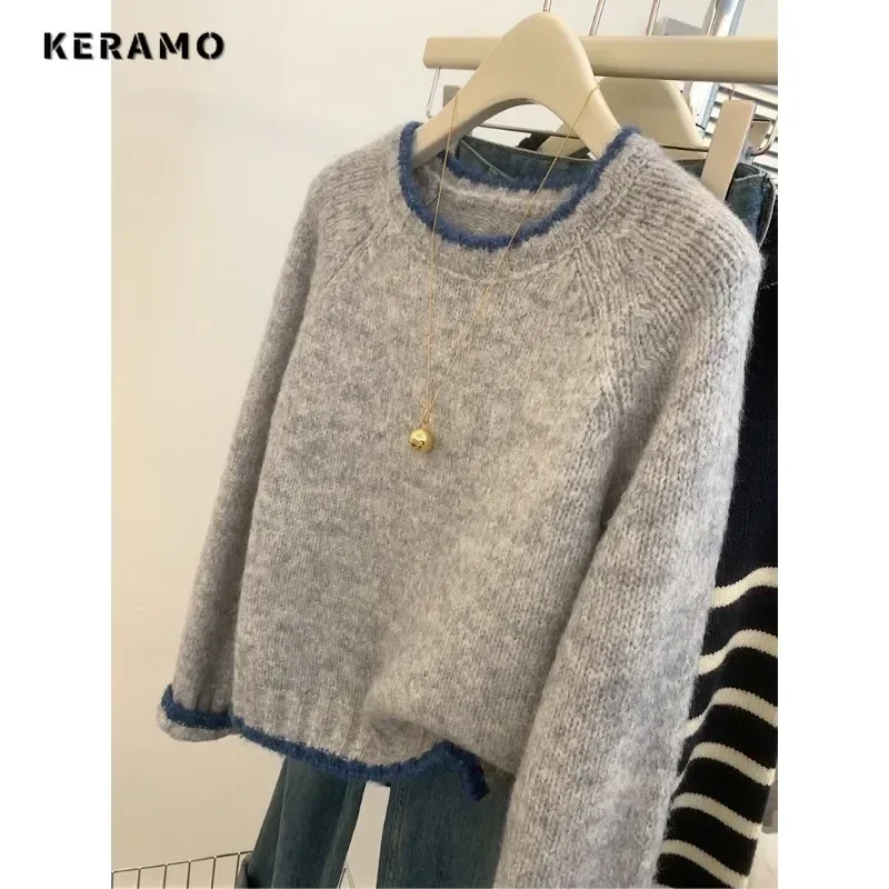 2024 Autumn Casual Grey Patchwork Knitting Long Sleeve Round Neck Pullovers For Women Vintage Office Lady Knitwear Sweater Top