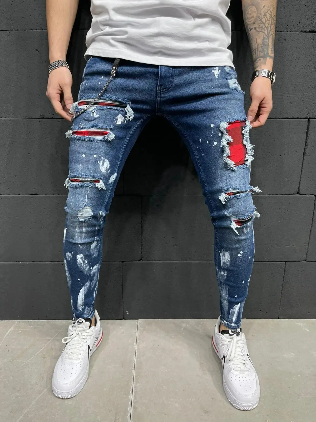 Mens Stretch Ripped Jeans Streetwear Casual Slim Fit Jeans for Men Jogging jean Skinny Grey Blue Black Hip Hop Denim Trousers