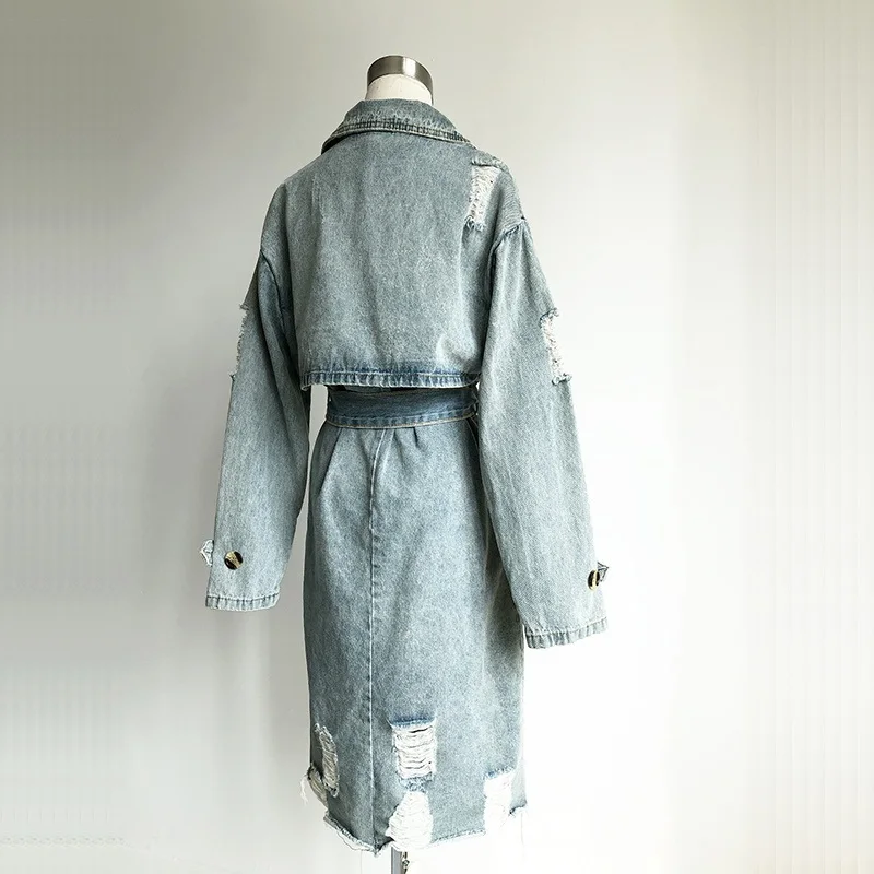 Vintage Hellblau Ausgefranste Loch Denim Trenchcoat Mit Gürtel Frühjahr Neue Lose Beiläufige Revers Mid-länge Frauen Windjacke mantel