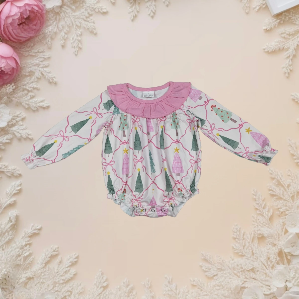 

Autumn Newborn Baby Girl Plaid Romper Christmas Pink Bows Trees Round Neck Long Sleeves Bubble Ruffle Jumpsuit Toddler Clothes