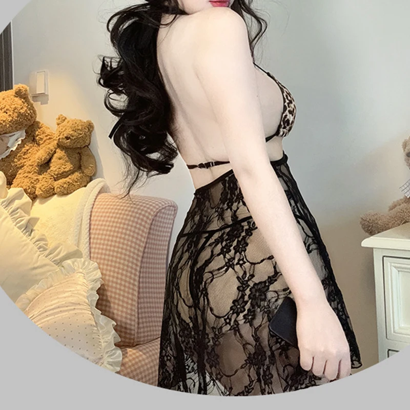 ليوبارد مثير الملابس الداخلية طباعة فستان الدانتيل موحدة انظر من خلال بيجامة مجوفة جوارب سوداء اكسسوارات فضح الصدر بدلة الجنس