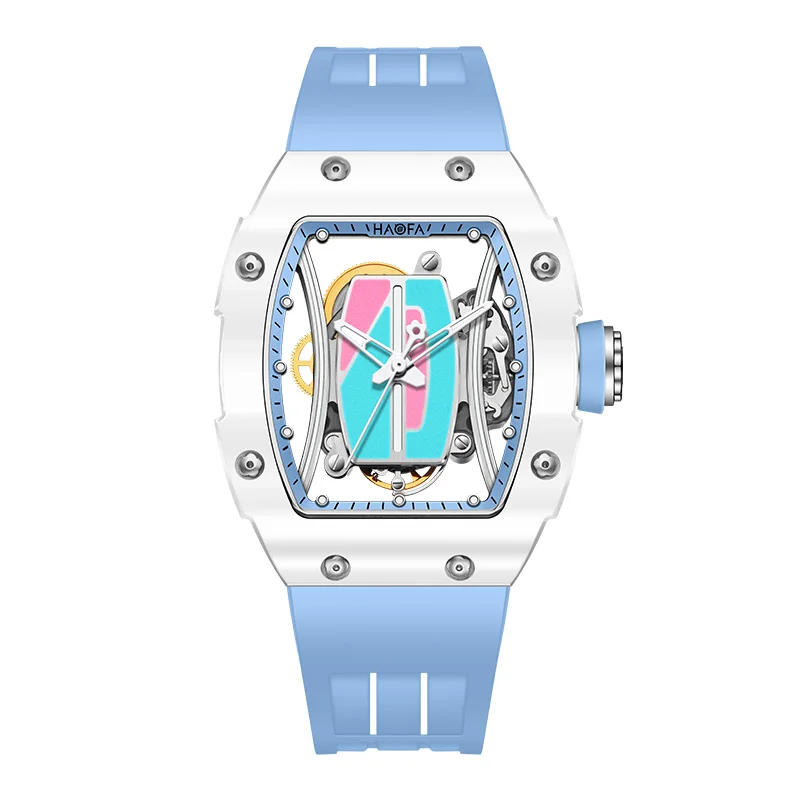 Haofa Ladies Hollow Automatic Mechanical Watch Colorful Dial Ceramic Bezel Watch Sapphire Waterproof Skeleton Women's Watch 1991