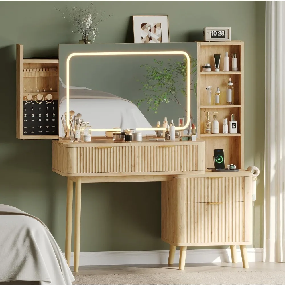 

Wood Vanity with Clear Glass Top, 48 Makeup Vanity Desk with Large Mirror and Lights, Fluted Wooden Vanity Wall-Mounted