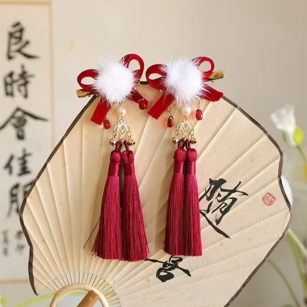 

Festive Pearl Chinese Style Ancient Hairpin Red With Tassel Chinese New Year Side Clip Fuzzy Ball Girl Headdress Spring Festival