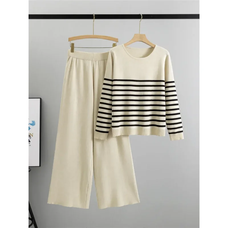 

Striped Knit Two Piece Sets Women Fall Winter Long Sleeve Sweatar Pullover Conjuntos Casual Loose High Waist Sweatpants Outfits