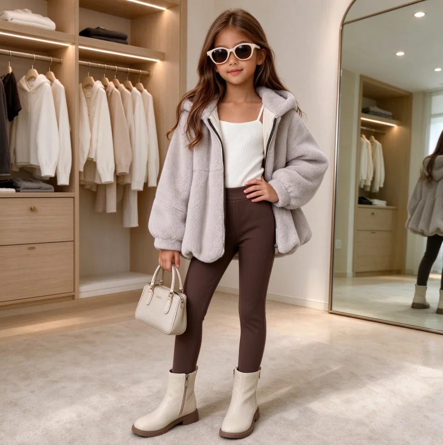 Children Faux Rabbit Fur Coats Solid Fur Jackets Hooded Zipper Long Sleeves 2026 Autumn Winter Flowy Hem Thick Loose Fit Casual 2