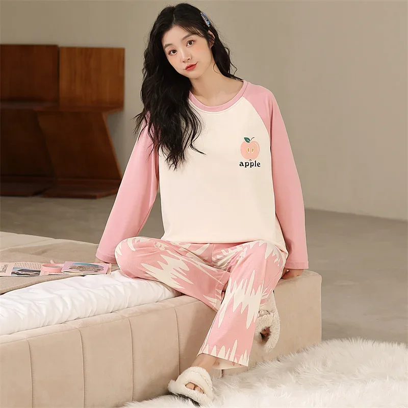 2Pcs/set Women\'s Cotton Sleepwear With Bra pads 2024 Korean Fashion Nightwear Long Sleeves Trouser Home Clothes Femme Pjs Pyjama