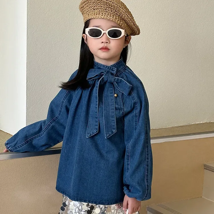 Children Denim Shirt 2024 Spring New Korean Style Children Clothing Girls Lace-up Denim Shirt Long Sleeve Shirt Top Clothes