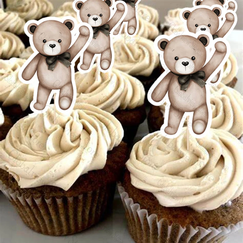 10Pcs Teddy Bear Cupcake Picks Toppers Cute Brown Baby Bear Cake Decorating Baby Shower Birthday Cake Decor