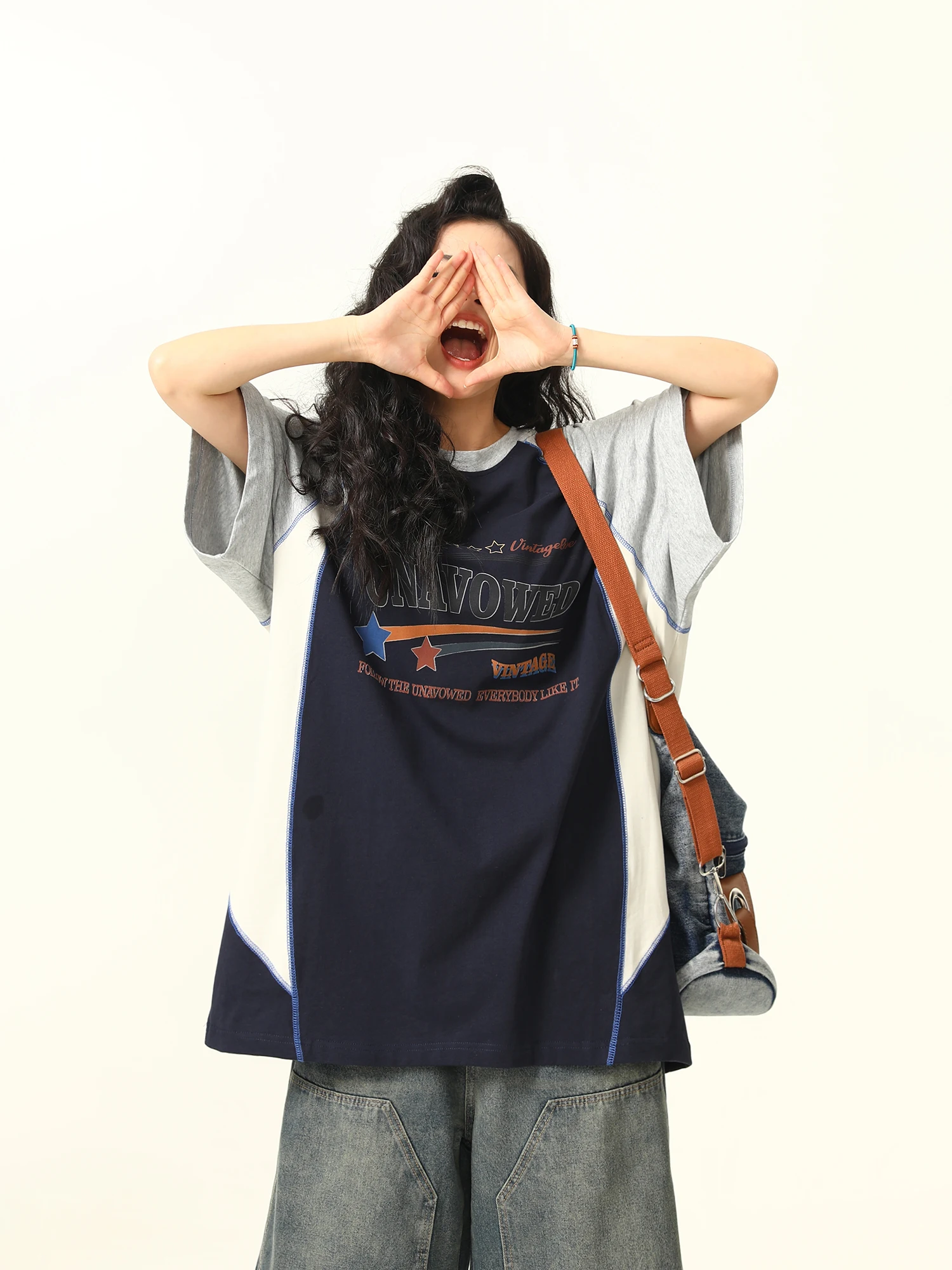 

Wild Original Summer New American Retro Splicing Color Blo ort Sve T irt Loose Couple Top for Men And Women