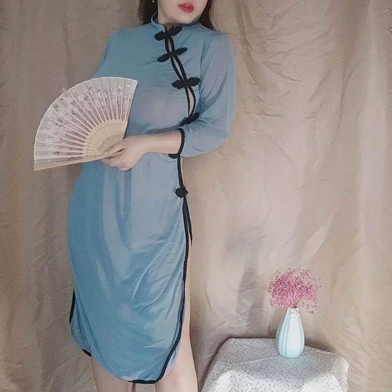 

40-100kg Large Size Chinese Style Transparent Mesh Dress Sexy Lingerie Erotic Lady Night Club Sexy Women Oblique Buckle Dress