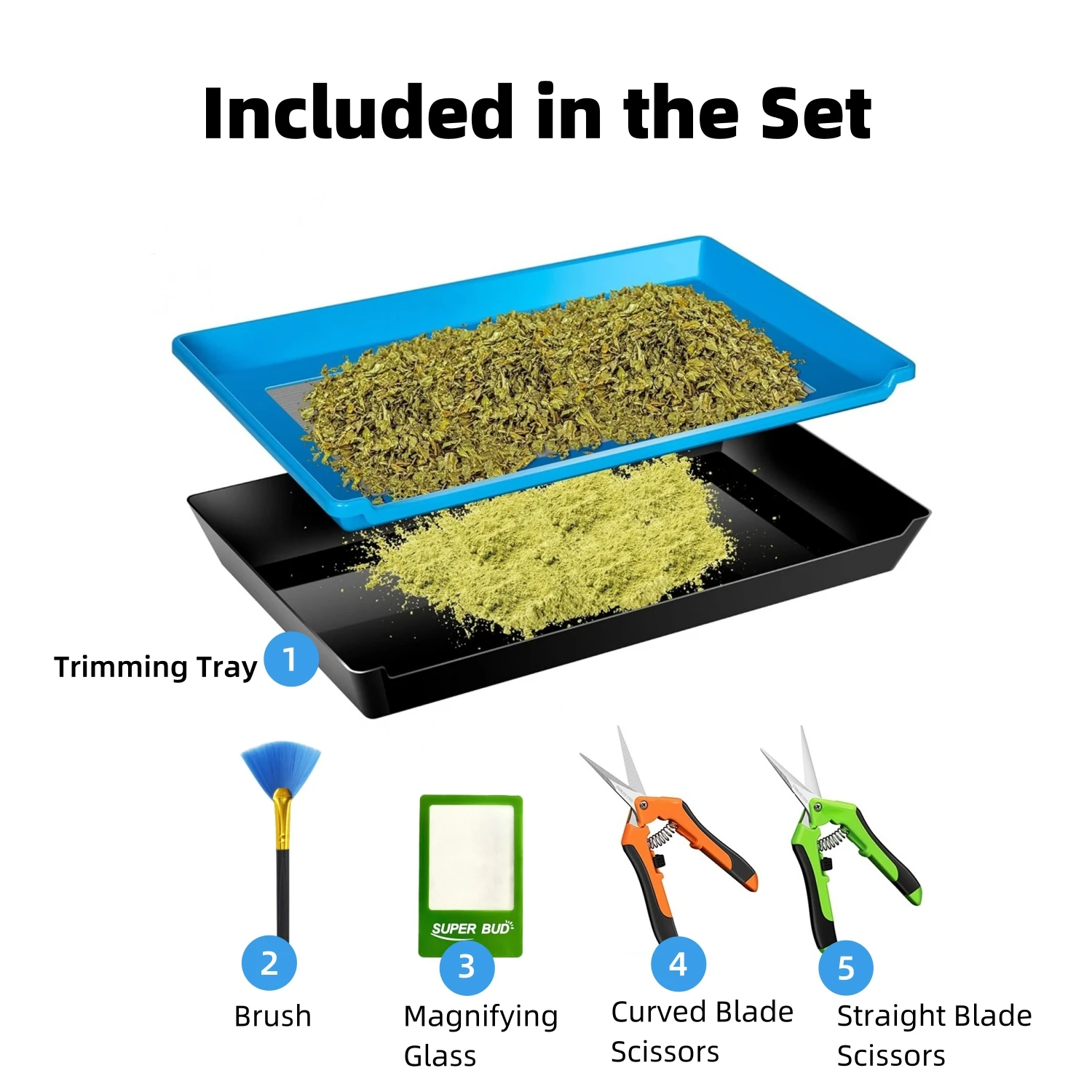 2-in-1 Trimming Tray Harvest Trim Bin Set for Buds Herb Flower Trimming Scissors 150 Micron Fine Mesh Dry Sift Pollen Screen