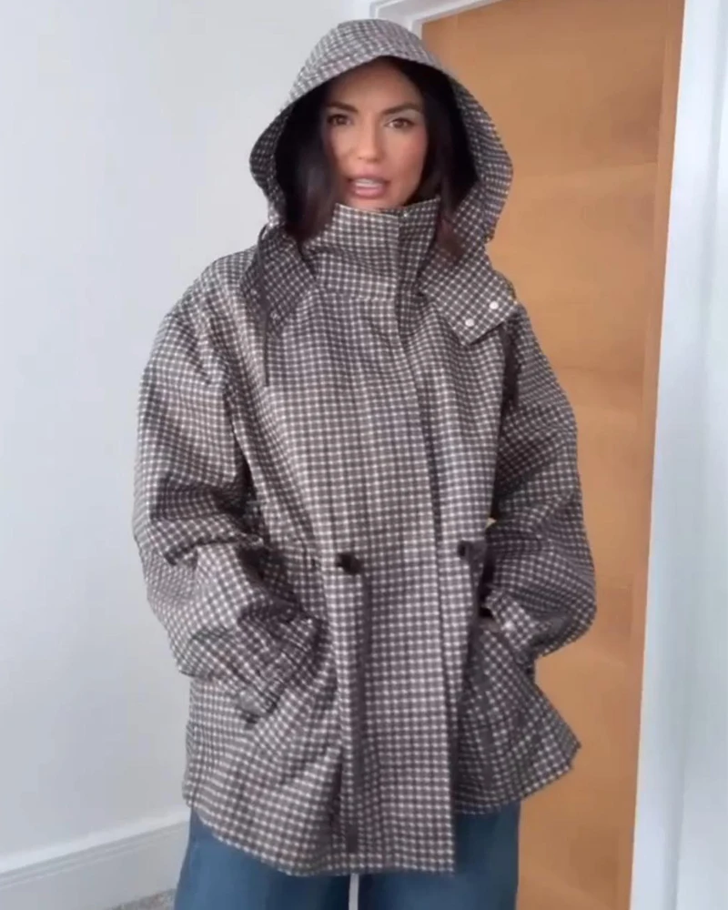 Damenmantel Langarm-Karo-Kapuzenjacke für Frauen 2026 Neue Mode Herbst Winter Lässige Schicke Damen-Oberbekleidung – Detail 2