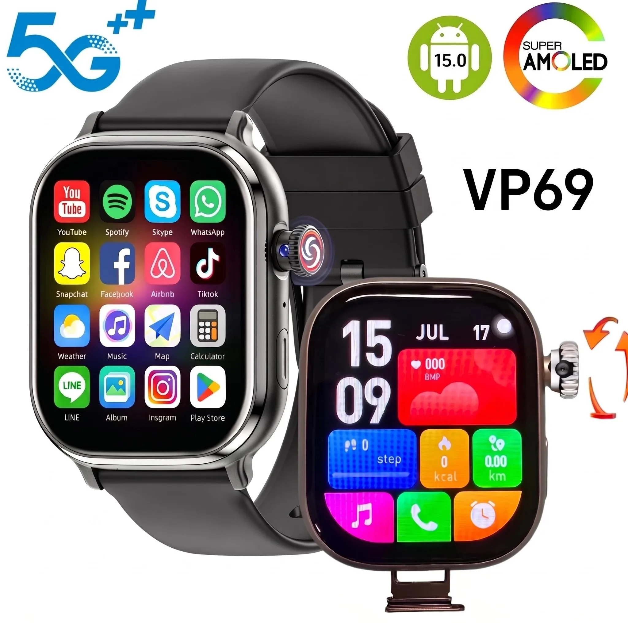 VP69 5G full Netcom 2.39inch Amoled Android 15.0 Smartwatch Smart Watches With 8MP 200° Rotating Camera GPS WIFI Sim Card Slot