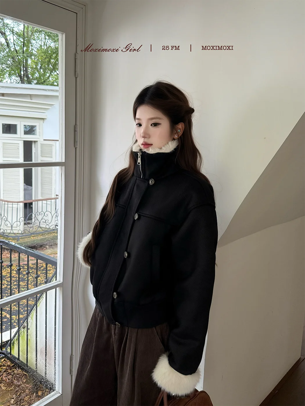 MOXI Design Jesień Zima Czarna Dopasowana Kurtka Skórzana z Futrem Krótka Modna Damska Ciepła Kurtka dla Młodzieży