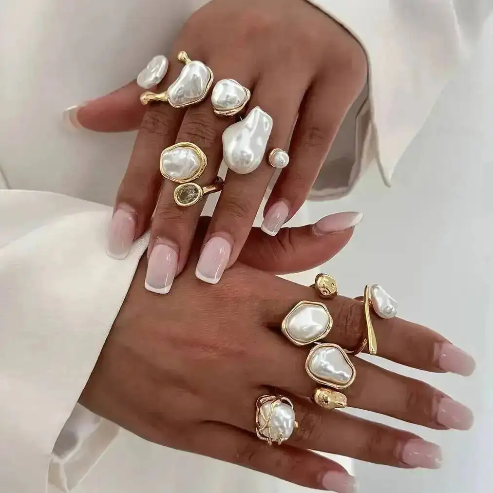 

Vintage Exquisite Imitation Pearl Open Rings Women Trendy Irregular Geometric Adjustable Knuckle Ring Y2K Jewelry Female Gifts