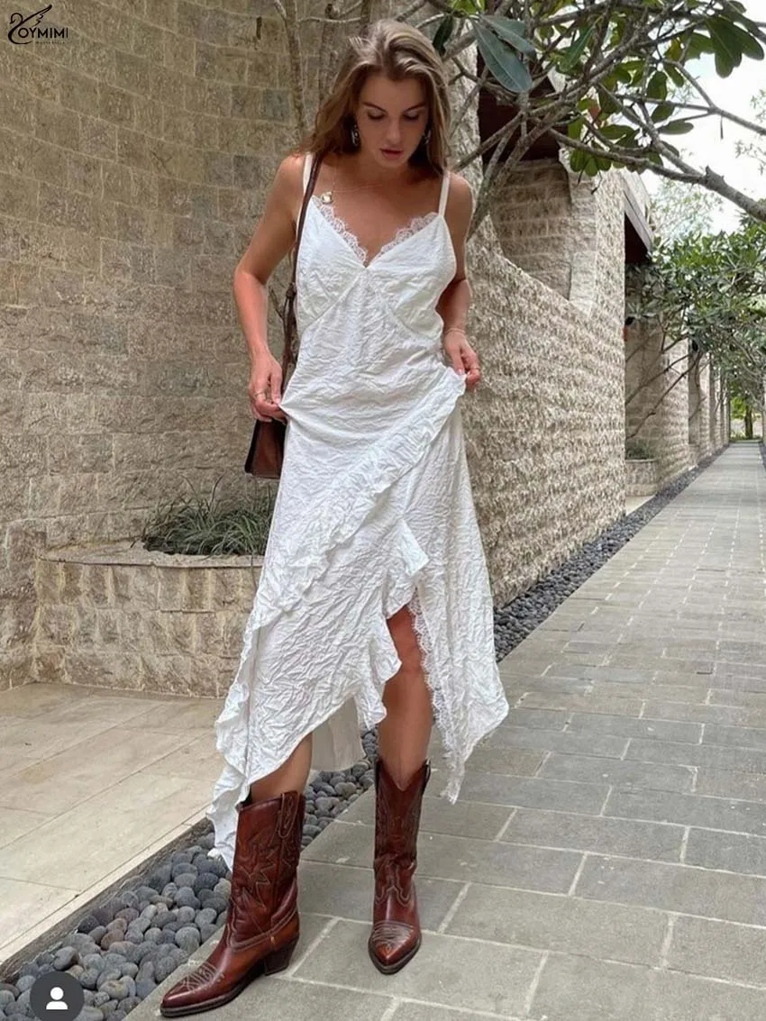 Oymimi Elegant White Lace Dresses 2025 Woman Casual Spaghetti Strap Open Back Dresses Summer Ruffled Lace-Up Dress Streetwear