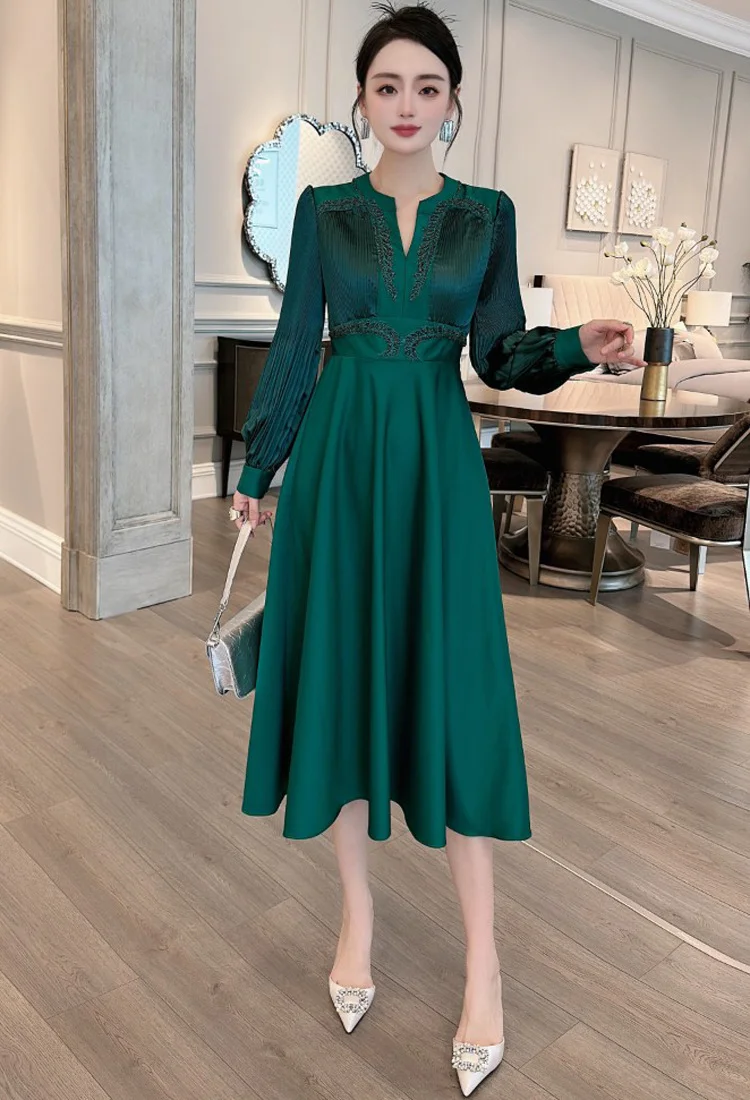 2024 New Arrival Spring Elegant V Neck Lantern Sleeve Sexy Evening Party Midi Dress For Women