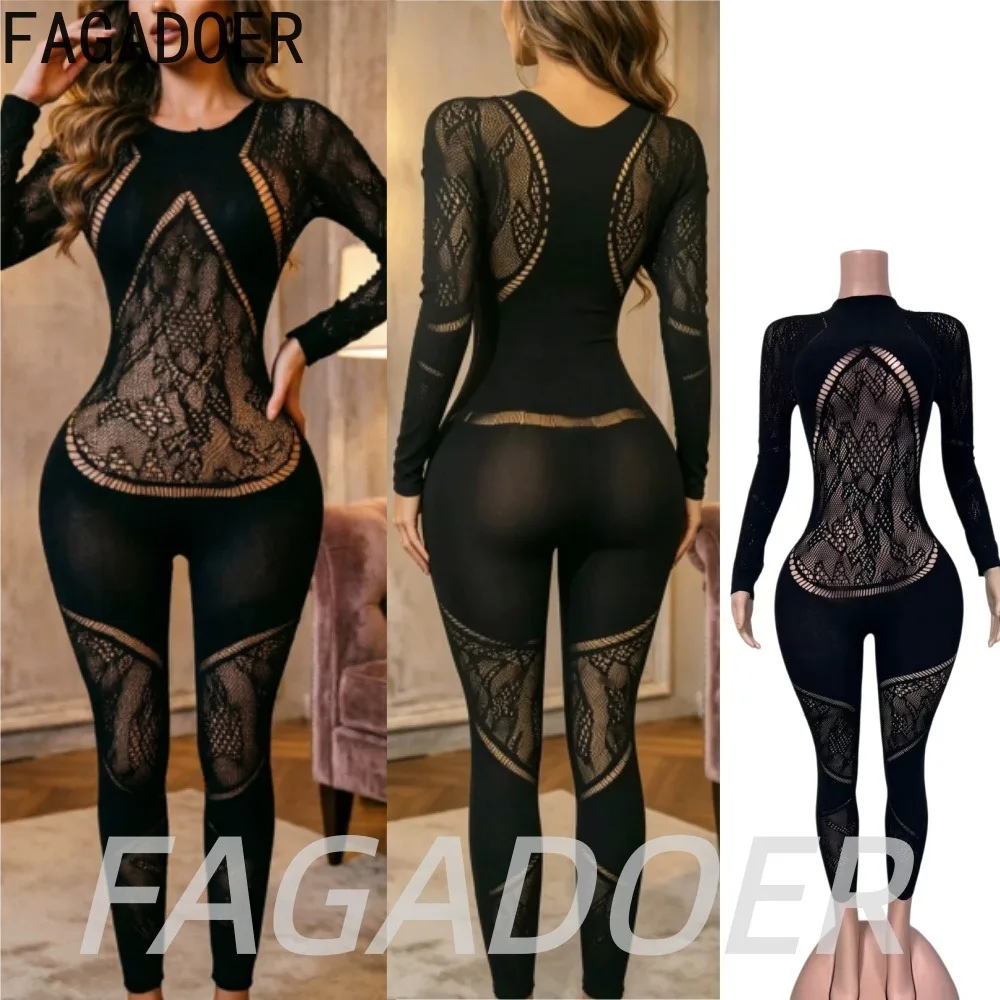 

FAGADOER Women Sexy Lace Patchwork Jumpsuits 2026 Fashion Mesh Black Hollow Out Bodycon Rompers Streetwear Party Club Playsuits