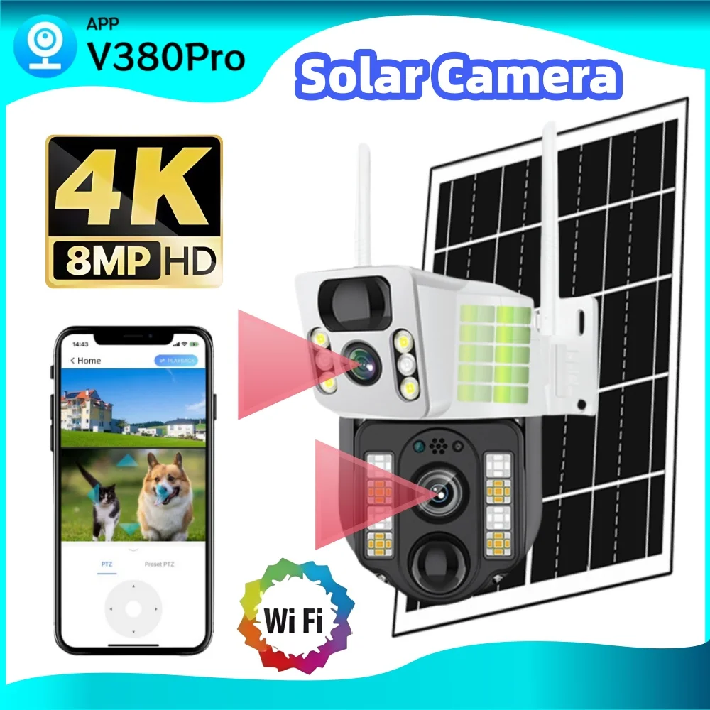 8MP Solar Camera Two lens Two Screens CCTV Outdoor PTZ Control Motion Tracking Color Night Vision Solar Cameras Waterproof