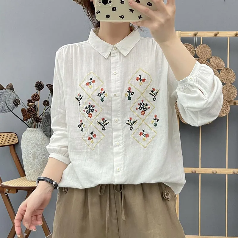 Осенняя новая распродажа, женская хлопковая рубашка с вышивкой и цветочным принтом, белый, синий, серый, розовый цвет, женские свободные универсальные топы S188