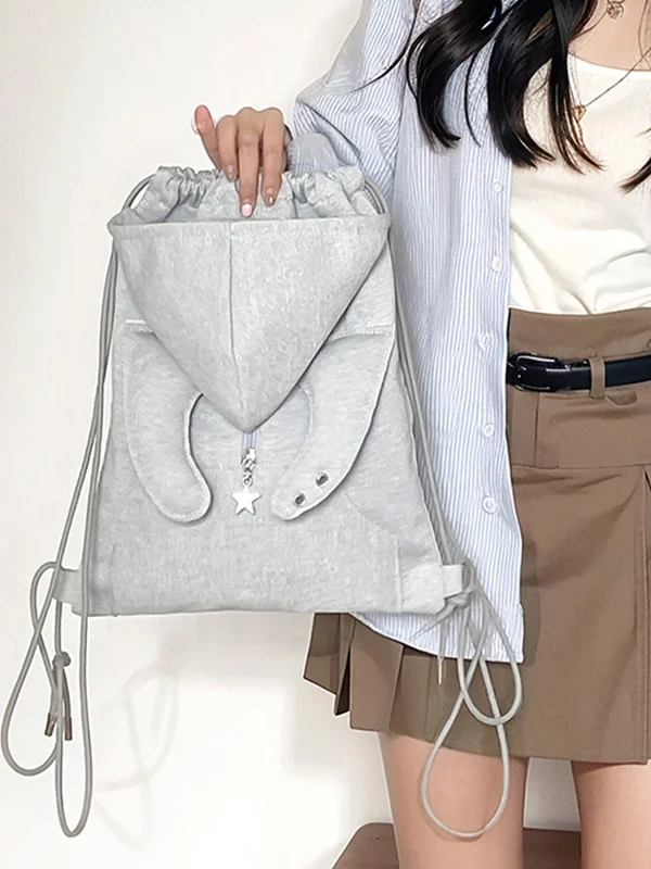 Angel Wing Lightweight Backpack Simple Style Drawstring Double Shoulder Bag for Women Casual Youthful Tote with Hat