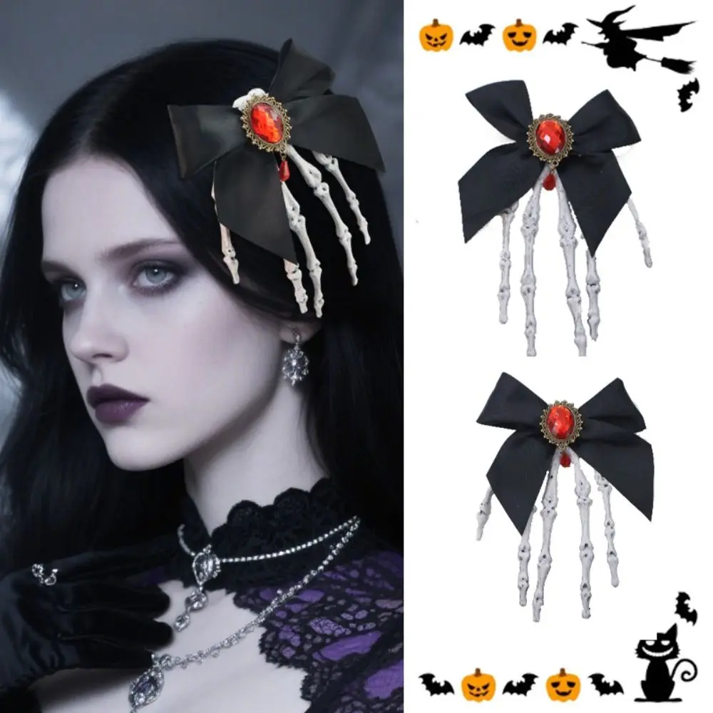 

Bowknot Ghost Claw Hair Clip Gothic Rhinestone Skeleton Hand Hairpin Cosplay Headdress Halloween Headwear Halloween Party Supply