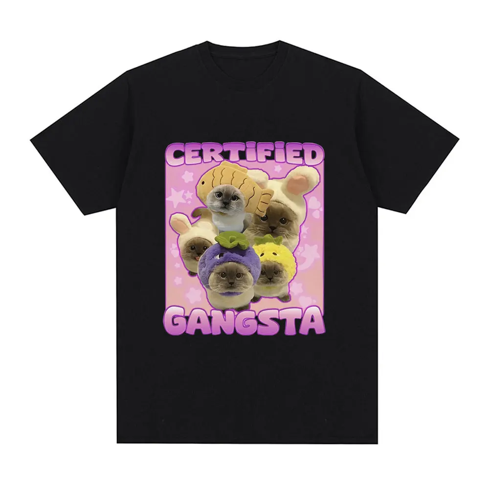 Сертифицированная забавная футболка Gangsta с котом и мемом для мужчин и женщин, модная футболка в стиле Харадзюку, 100% хлопок, повседневные свободные футболки с коротким рукавом, топы