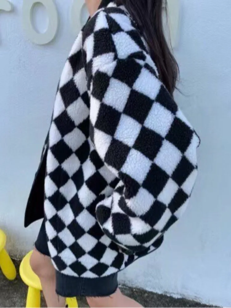 Solto pele de cordeiro xadrez meados de comprimento retalhos casaco feminino primavera outono inverno casual confortável cor macia blo outerwear