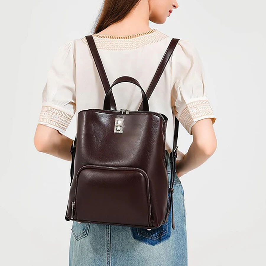 Fashion Women's Backpack Waterproof Genuine Leather Travel Daypack School Bag for Boys and Girls Trend Knapsack Ladies Rucksack