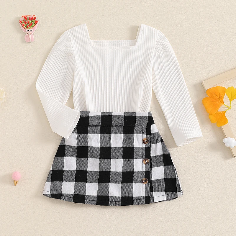 

VISgogo 2Piece Toddler Girls Fall Clothes Set Long Sleeve Square Neck Ribbed Tops Plaid Single-breasted Short Skirt Xmas Outfits