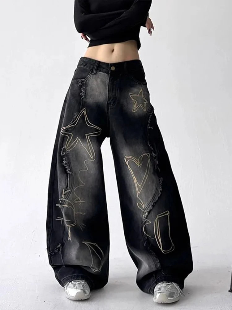 Pantalones vaqueros bordados para mujer, ropa de calle, Vintage, Hip Hop, borde crudo, borlas, Y2K, pantalones vaqueros de otoño, cintura alta, pierna ancha, pantalones cimitarra