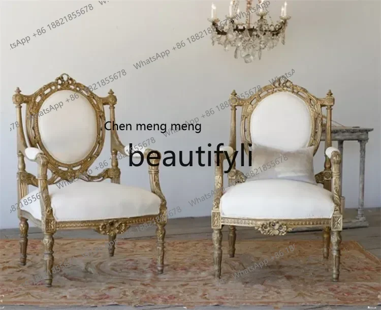 D96  French retro solid wood carving flower single sofa chair American country gold old negotiation chair