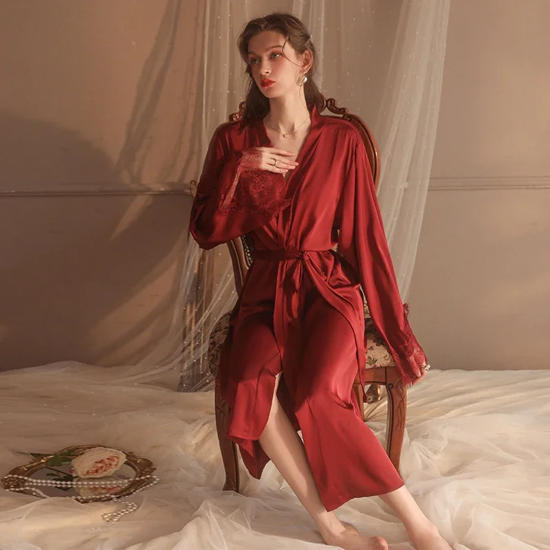 Sexy Long Lace Robe Women Satin Sleepwear Kimono Bathrobe V-Neck Sleepshirt Robe Gown Female Home Clothes Loungewear Lingerie