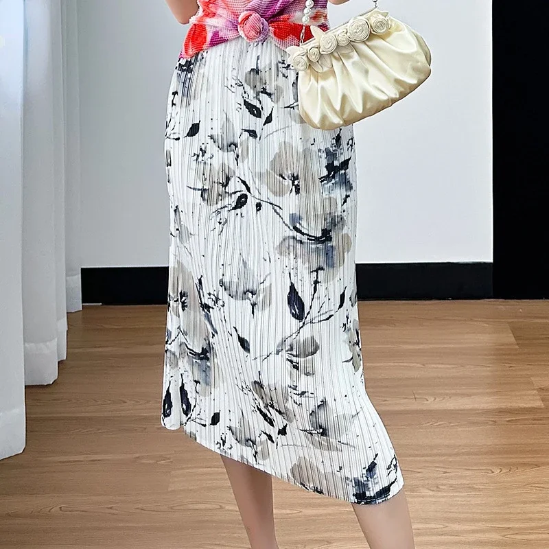 

Плиссированная юбка ALSEY для женщин, Новинка лета 2024, Стильная приталенная модная юбка средней длины с принтом, с завышенной талией и разрезом