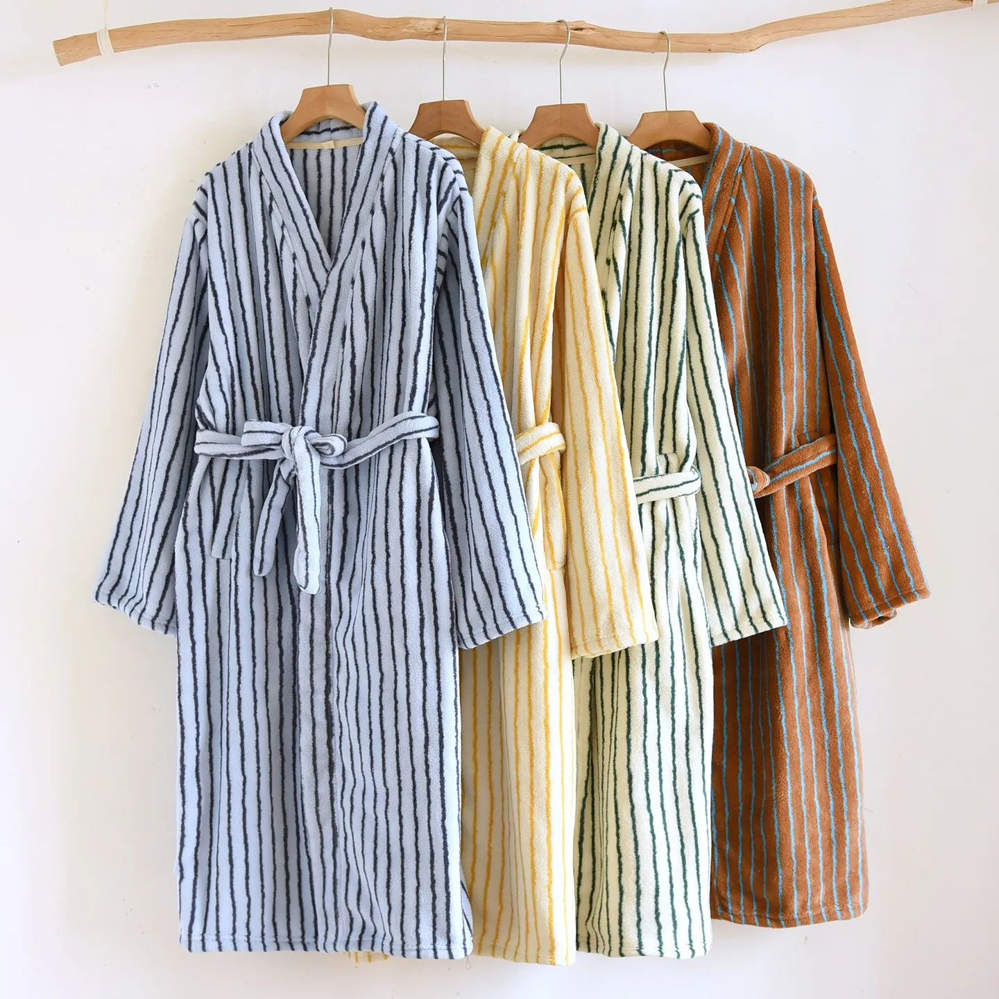 Coral Fleece Pajamas for Women Autumn and Winter Thick Bathrobe Long Warm Striped Loose Flannel Yukata Nightgown