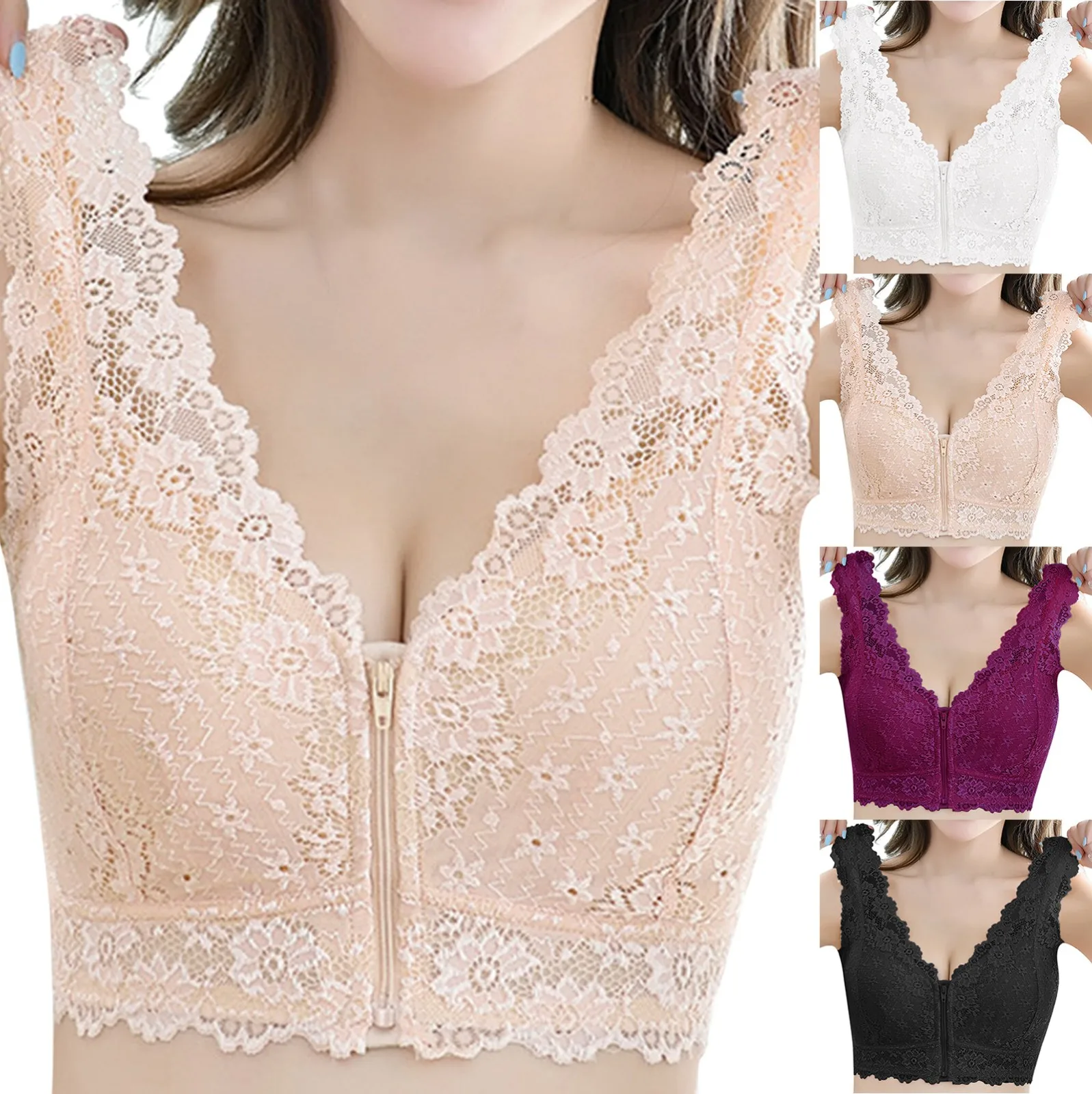 KUCLUTWomen Bra Women'S Comfortable And Sexy Large Lace Lace Strap With Strap Deep V Front Zipper Bra Floral Lace Trim Underwear