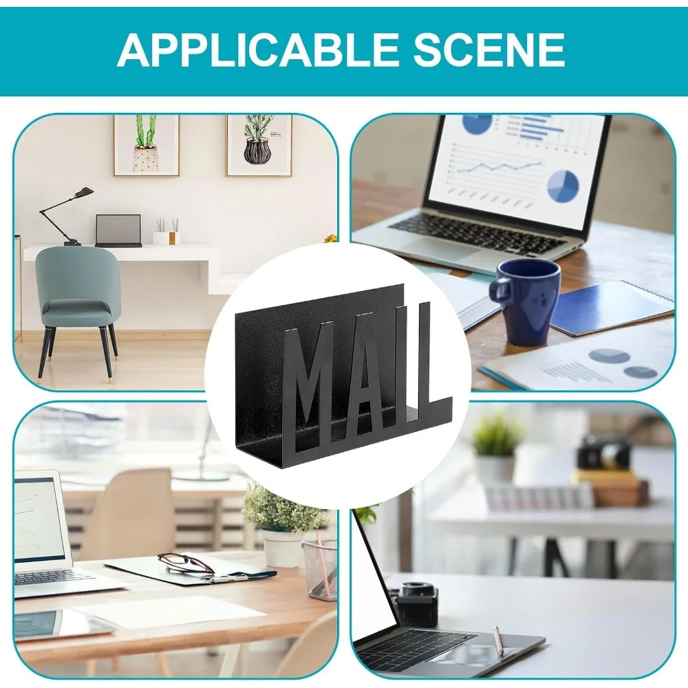 Minimalist Black Metal File Organizer, Desktop Document Holder With MAIL Cutout Design, Vertical Paper Storage Rack For Office Desk, Letter Sorter, Folder Organizer And Home Workspace Organization