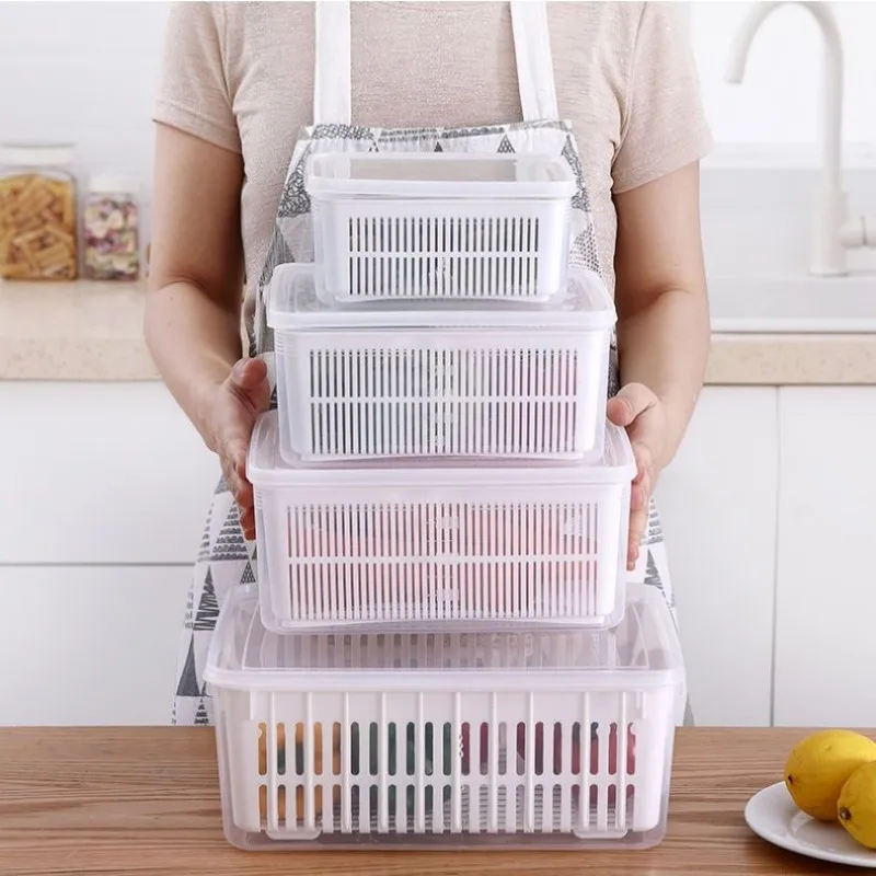 Refrigerator Storage Box Fridge Organizer Fresh Vegetable Fruit Boxes Drain Basket Storage Containers Pantry Kitchen Organizer