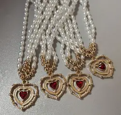 Kpop Vintage Love Heart Pendant Choker Necklace For Women Zircon Pearl Chain Party Aesthetic Jewelry Christmas Gift Hot Sale